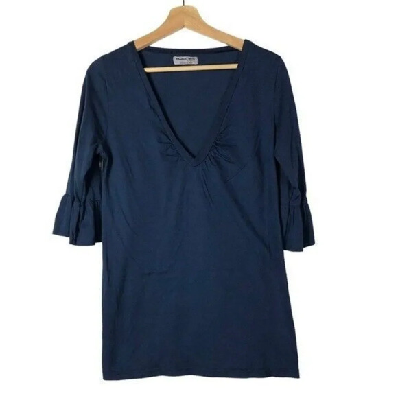 Michael Stars Navy Blue V-Neck Ruffle Half Sleeve Top OS - Picture 1 of 4
